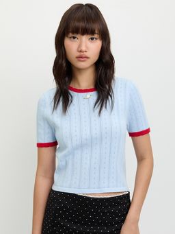 Pomelo - Slim Fit Knitted Eyelet Top with Contrast Trim Baby Blue