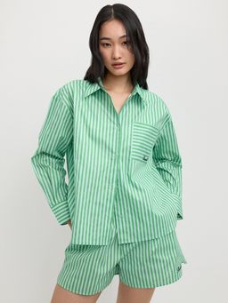 Pomelo - Striped Pattern Long Sleeve Curved Hem Button Down Shirt - Green