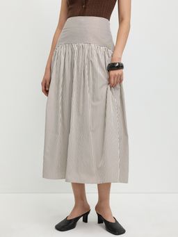 Pomelo - Pinstripe Drop Waist Yoke Maxi Skirt with Gathered Pleats - Brow