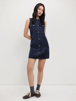 Pomelo - Tweed Sleeveless Button-Down Shift Dress - Navy Blue