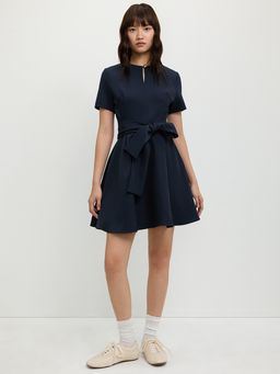 Pomelo - Short Sleeve Fit and Flare Mini Dress with Tie Waist - Navy Blue