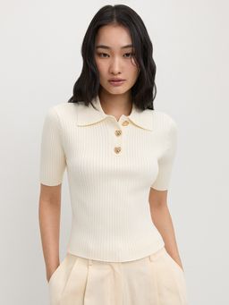 Pomelo - Short Sleeve Ribbed Polo Knit Top with Heart Buttons - Ivory