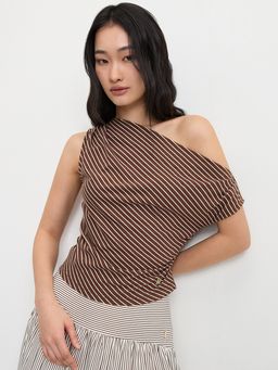 Pomelo - One Shoulder Ruched Diagonally Striped Top - Brown