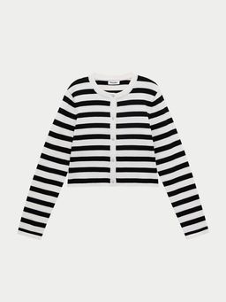 Pomelo - Long Sleeve Crew Neck Striped Button-Up Cardigan - Black/White