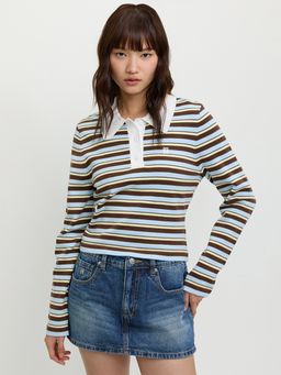 Pomelo - Long Sleeve Striped Polo Crop Top - Brown