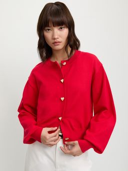 Pomelo - Flare Sleeve Oversized Cardigan with Heart Buttons - Red