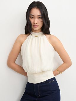 Pomelo - Halter Neck Blouse with Pleated Hem - Ivory