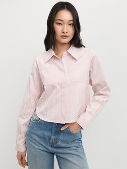 Pomelo - Long Sleeve Striped Button Up Crop Shirt with Pointed Collar, Fr
