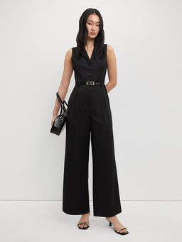 Pomelo - Sleeveless Wide Leg Jumpsuit with Notch Lapel Collar