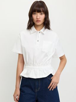 Pomelo - Polo Blouse with Gathered Hem White
