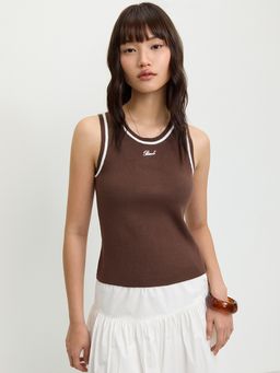 Pomelo - Ribbed Tank Top with Contrast Trim Brown