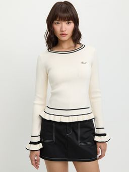 Pomelo - Ribbed Knit Long Sleeve Top with Ruffled Hem and Contrast Trim