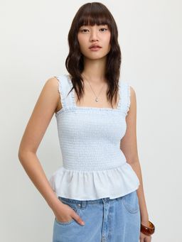 Pomelo - Ruffle Hem Square Neck Peplum Smocked Top Baby Blue