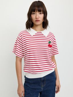 Pomelo - Striped Short Sleeve Polo with Contrast Trim and Cherry Embroider