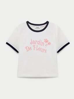 Pomelo - Contrast Trim Floral Graphic Print Slim Fit Tee White