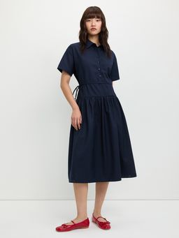 Pomelo - Short Sleeve Shirt Dress with Double Drawstring Navy Blue
