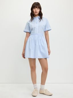 Pomelo - Pinstripe Collared Shirt Dress with Short Sleeves Baby Blue