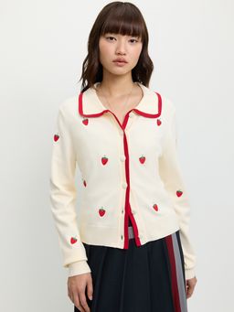 Pomelo - Contrast Trim Buttoned Cardigan with Strawberry Embroidery Cre
