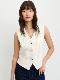 Pomelo - Pinstripe Buttoned V-Neck Vest with Back Belt Ivory