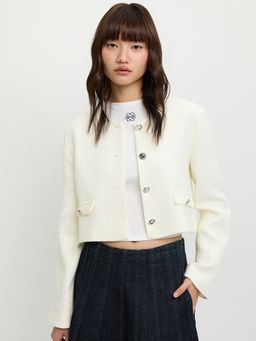 Pomelo - Tweed Cropped Buttoned Jacket White