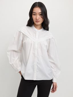 Pomelo - Long Sleeve Striped Band Collar Blouse with Yoke Detail