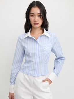 Pomelo - Long Sleeve Striped Fitted Blouse with Contrast Collar and Embro