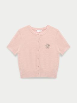 Pomelo - Short Sleeve Fuzzy Knit Round Neck Button Up Cardigan with Logo