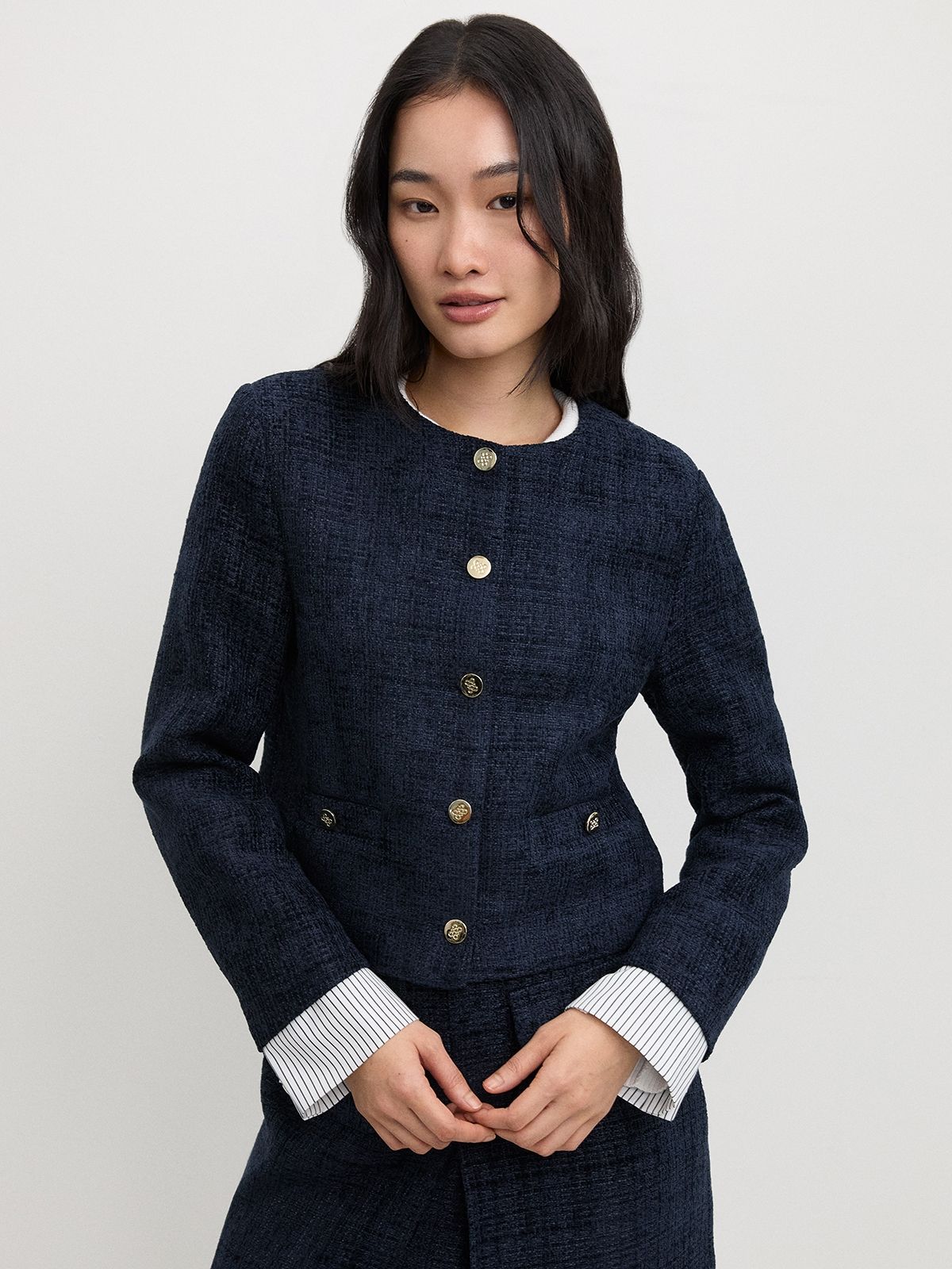 pomelo Long Sleeve Round Neck Tweed Jacket with Gold Buttons Faux Pocket-picture-19
