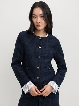 Pomelo - Long Sleeve Round Neck Tweed Jacket with Gold Buttons Faux Pocket