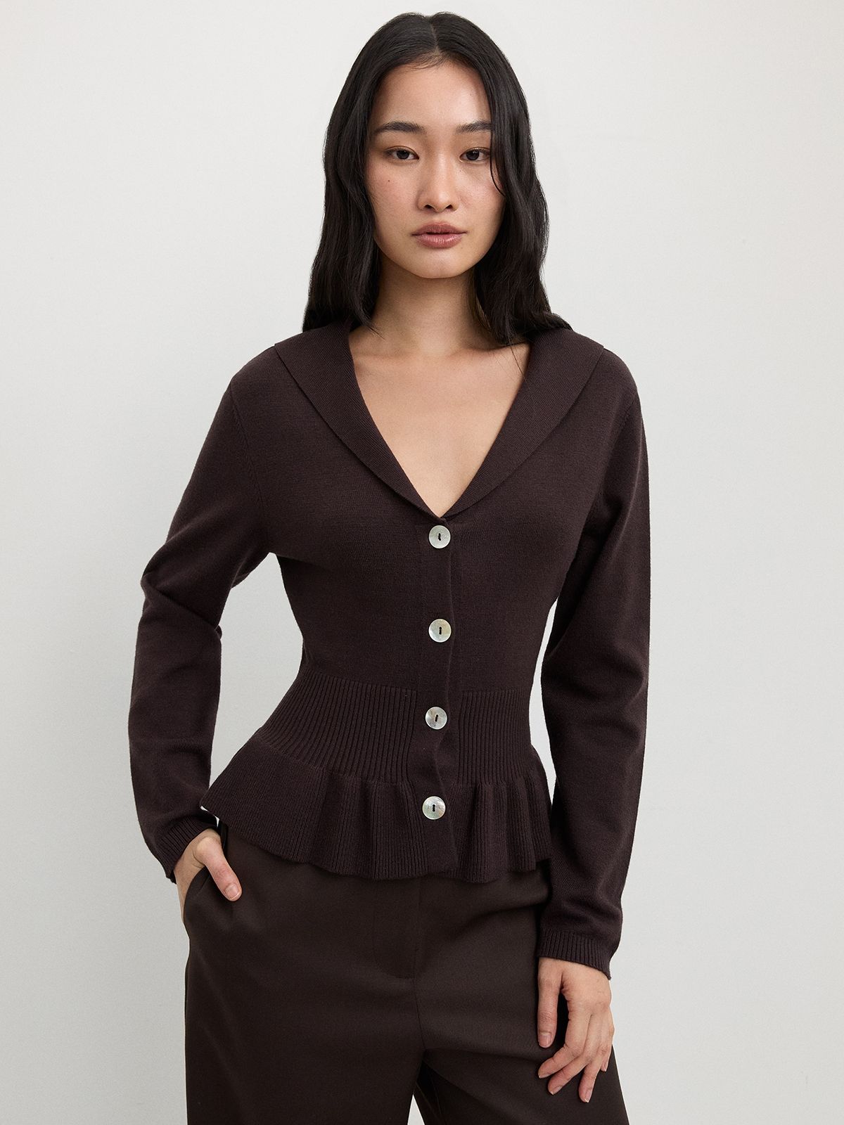 pomelo Long Sleeve Wide Lapel V Neck Cardigan with Elasticated Waist an-picture-21