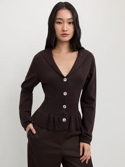 Pomelo - Long Sleeve Wide Lapel V Neck Cardigan with Elasticated Waist an