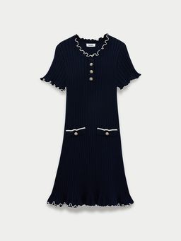 Pomelo - Short Sleeve Ribbed Knit Mini Dress with Contrast Scalloped Trim