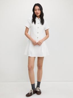Pomelo - Short Sleeve Collared Button Down Tweed Mini Dress with Chest Pocket