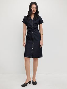 Pomelo - Short Sleeve V Neck Collared Denim Midi Dress with Button Down F