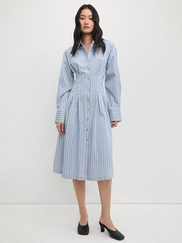 Pomelo - Long Lantern Sleeve Striped Shirt Midi Dress with Point Collar B
