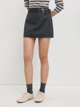 Pomelo - Low Rise Mini Skirt with Double Faux Leather Belted Buckle Detail