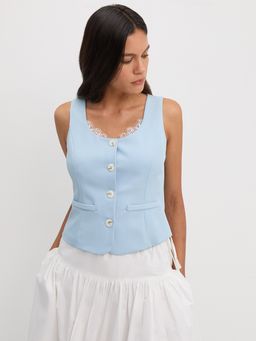 Pomelo - Sleeveless Tweed Button-Down Vest with Contrast Piping - Baby Bl