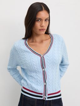 Pomelo - V-Neck Cable Knit Cardigan with Contrast Varsity Striped Trim -