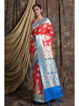 CHARUKRITI - Red Blue Ethnic Motifs Zari Pure Silk Banarasi Saree with Unstiched Blouse