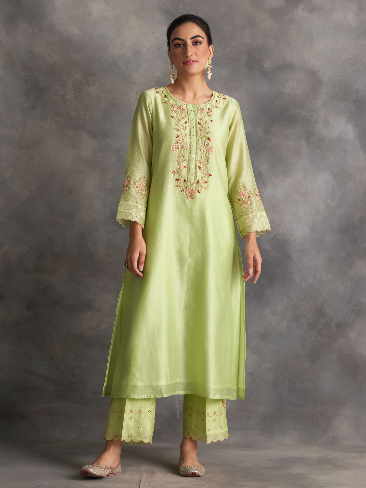 Light Green Silk Chanderi A-Line Kurta With Hand Embroidery-image-2