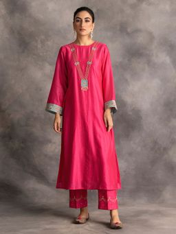 Anantaa by Roohi Trehan - Pink Silk Chanderi A-Line Kurta With Hand Embroidery
