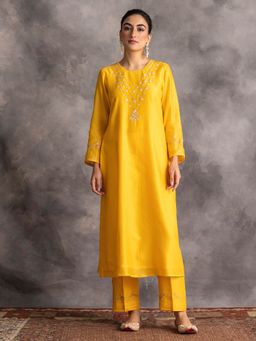 Anantaa by Roohi Trehan - Yellow Silk Chanderi A-Line Kurta With Hand Embroidery