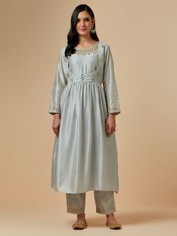 Anantaa by Roohi Trehan - Grey Silk Chanderi Hand Embroidered Kurta With Gathers