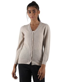Monte Carlo - Womens Lambs Wool Beige Solid V Neck Cardigan