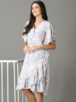 SHOWOFF - Womens Printed V-Neck Grey Knee Length Dress