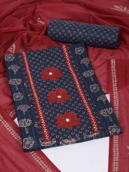 Kami Kubi - Navy Blue Cotton Embroidered Unstitched Top and Bottom with Dupatta