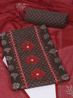 Kami Kubi - Brown Cotton Embroidered Unstitched Top and Bottom with Dupatta