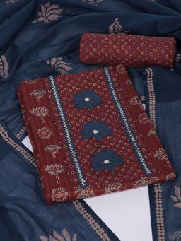 Kami Kubi - Maroon Cotton Embroidered Unstitched Top and Bottom with Dupatta