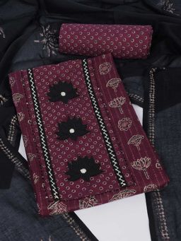 Kami Kubi - Wine Cotton Embroidered Unstitched Top and Bottom with Dupatta