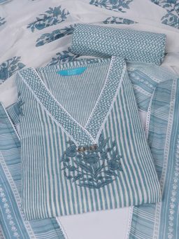 Kami Kubi - Blue Cotton Embroidered Unstitched Top and Bottom with Dupatta